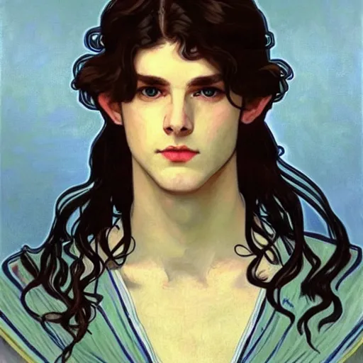 Prompt: portrait painting of young handsome beautiful paladin elf!! man with long! wavy dark hair and blue eyes in his 2 0 s named taehyung minjun james, pale, wearing armor!, gorgeous hair, elf ears, icy eyes, elegant, cute, delicate, soft facial features, art by alphonse mucha, vincent van gogh, egon schiele,