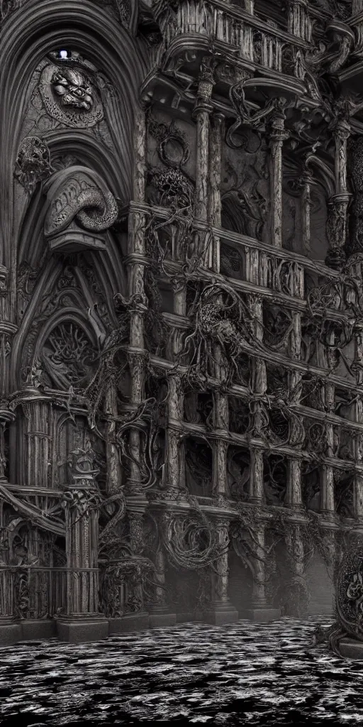 Image similar to extra wide view. Kraken. marvellous magic. Ominous. Gothic medieval baroque. Dry ground cracks. Hyper-detailed. Hyperreal. Unreal render.