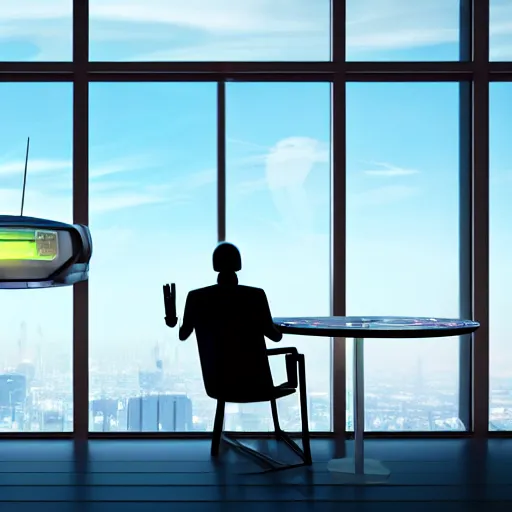 Prompt: lonely barmen human - like robot sitting in the futuristic bar and looking in the huge window where he see enoughromous city on the spaceship and flying cars, 8 k, hyperrealistic, unreal engine