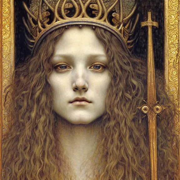 Image similar to detailed realistic beautiful young medieval queen face portrait by jean delville, gustave dore and marco mazzoni, art nouveau, symbolist, visionary, gothic, pre - raphaelite. horizontal symmetry