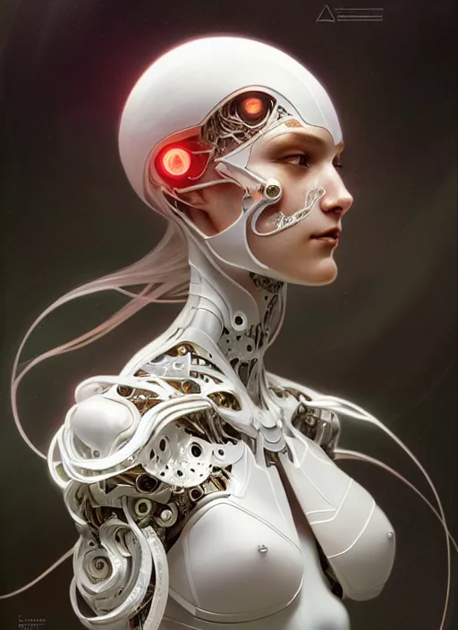 Image similar to organic cyborg, white plastic, diffuse lighting, fantasy, intricate, elegant, highly detailed, lifelike, photorealistic, digital painting, artstation, illustration, concept art, smooth, sharp focus, art by John Collier and Albert Aublet and Krenz Cushart and Artem Demura and Alphonse Mucha