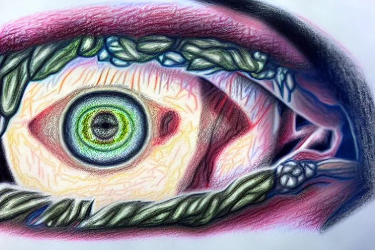 Prompt: a pastel drawing of horrific depiction of eye surgery, eyes of a person.