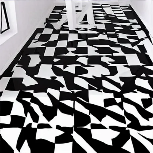 Image similar to shiny black and whit checker floor interior in the style of escher!!!!!!