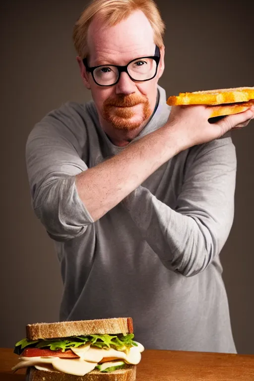 Prompt: 📷 portrait of adam savage the sandwich, food head, still image, dynamic lighting, 4 k