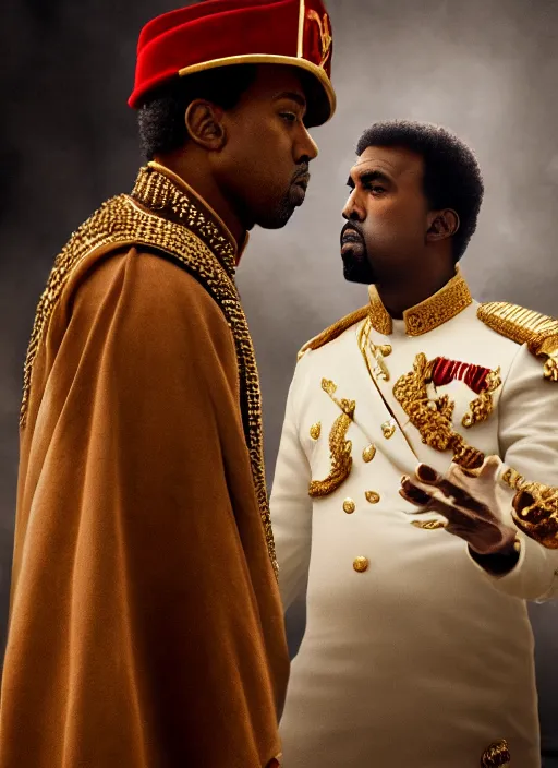 Image similar to kanye west as muammar kadhafi and emperor napoleon, splash art, movie still, detailed face, cinematic lighting, dramatic, octane render, long lens, shallow depth of field, bokeh, anamorphic lens flare, 8 k, hyper detailed, 3 5 mm film grain