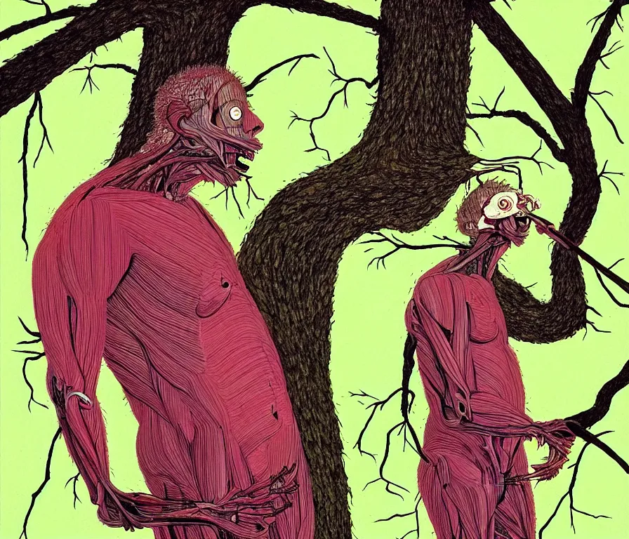 Image similar to todd solondz eating himself to death and becoming a tree | vivid colors : storyboard, realistic. by gabriel hardman, joe alves, j. todd anderson, chris bonura and jenny saville and francis bacon. cinematic atmosphere, detailed and intricate, perfect anatomy