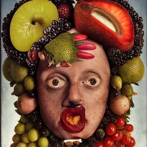 Image similar to giuseppe arcimboldo, beautiful fruit face, new scifi movie, film still