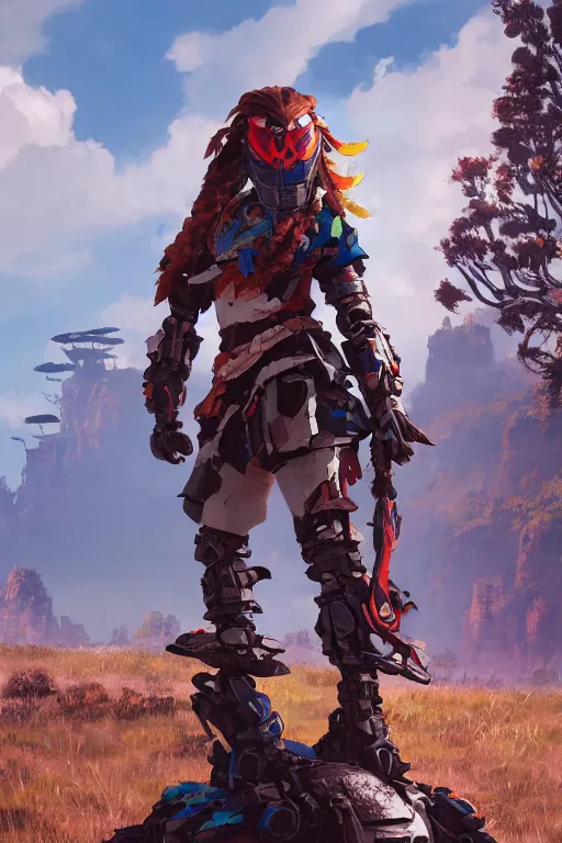 Image similar to combination suit armor aloy horizon forbidden west horizon zero dawn robot ninja mask helmet backpack tribal, aesthetic octane render, 8 k hd resolution, by ilya kuvshinov and cushart krentz and gilleard james radiating a glowing aura cgi rtx 2 0 2 2