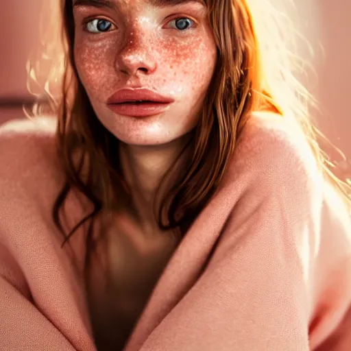 Image similar to portrait of a cute thin young woman, red blush, light freckles, soft smile, casual clothes, relaxing on the couch, home interior, golden hour, close up shot, 8 k, art by irakli nadar, hyperrealism, hyperdetailed, ultra realistic