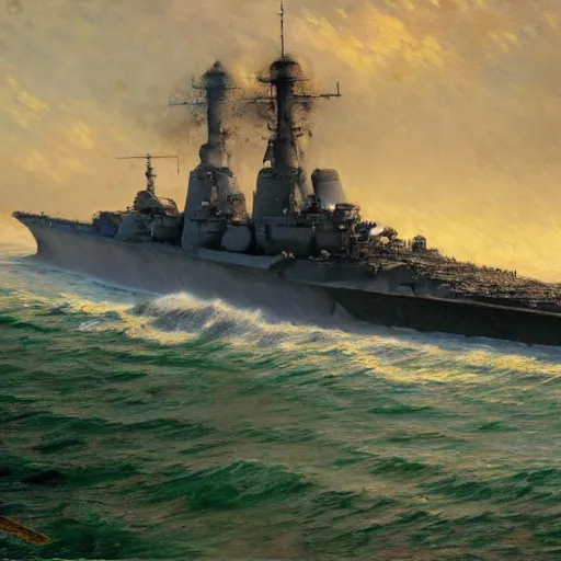 Prompt: detailed cinematic wide shot of world war 2 battleship, ultra realistic, spring light, painting by gaston bussiere, craig mullins, j. c. leyendecker