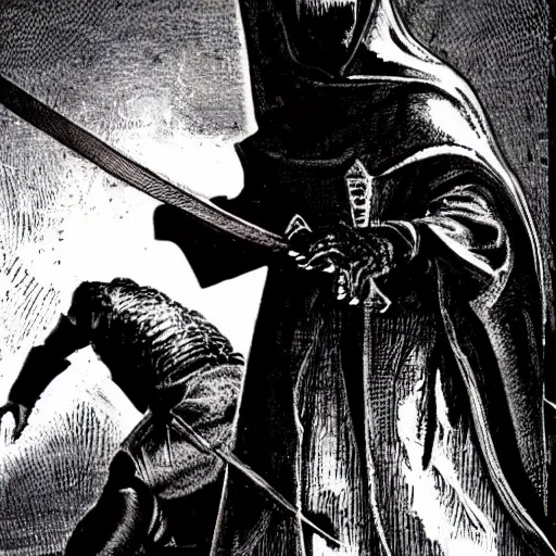 Prompt: the dark Lord stab a man with a sword