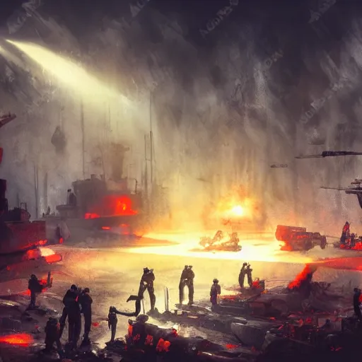 Prompt: bloody war scene, explosions, soldiers running, fog, sun beams, big machines dieselpunk style, no text, painting style