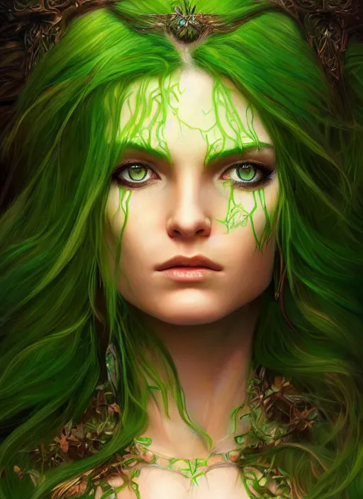 Prompt: beautiful wood goddess with long hair, bright green eyes, fantasy, elegant, concept art, sharp focus, beautiful face!!, digital art, Hyper-realistic, 4K, Unreal Engine, Highly Detailed, HD, Dramatic Lighting by Brom, trending on Artstation
