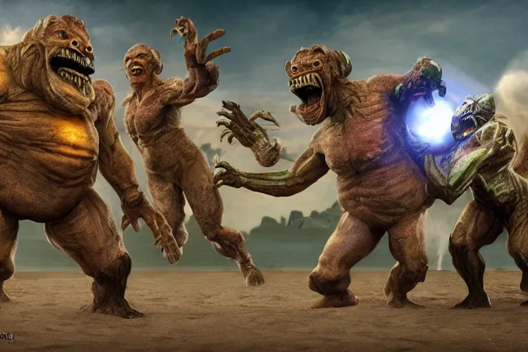 Image similar to photo, two old hairy fat ugly men! fighting alien monsters 4 0 1 2 6 on a beach, highly detailed, scary, intricate details, volumetric lighting, front view