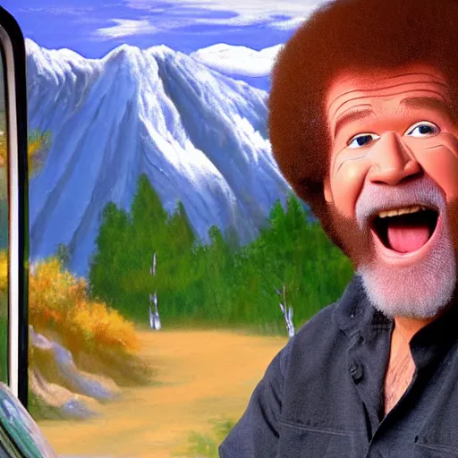 Image similar to bob ross screaming in back of pick up truck on bad acid trip