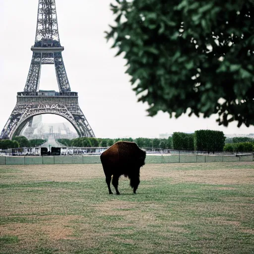 Image similar to photo of a bison on the background of the Eiffel Tower, 50mm, beautiful photo