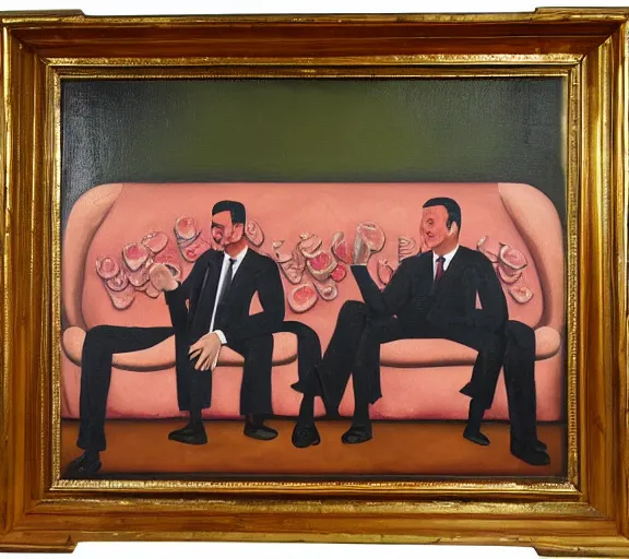 Image similar to oil painting of couch made out of meat, business men sitting and talking,