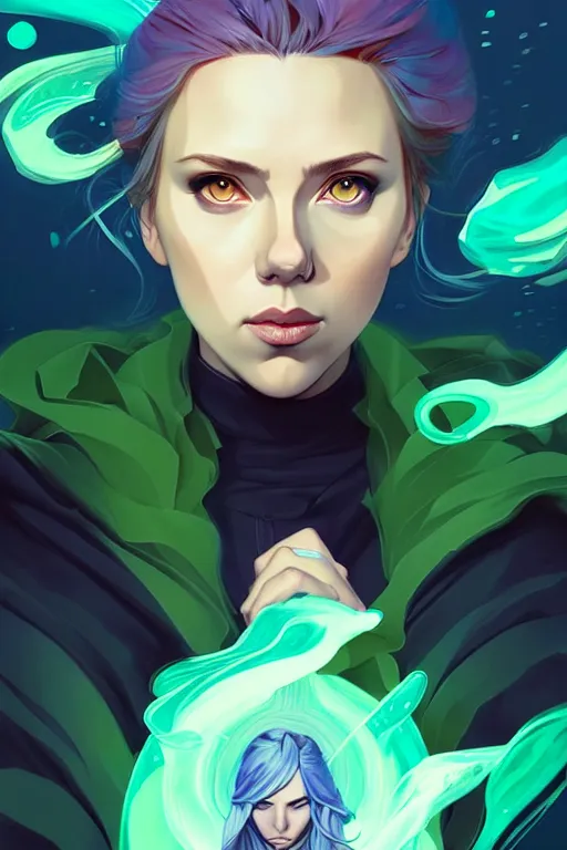 Image similar to style artgerm, joshua middleton, illustration, scarlett johansson as mage wearing green pelt light armor, anime eyes, blue hair, swirling water cosmos, fantasy, dnd, cinematic lighting