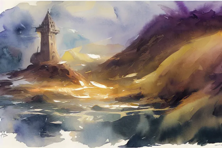 Prompt: small centered on watercolor paper, paint brush strokes, abstract watercolor painting of torre de lago, cinematic light, national romanticism by hans dahl, by jesper ejsing, by anders zorn, by greg rutkowski, by greg manchess, by tyler edlin