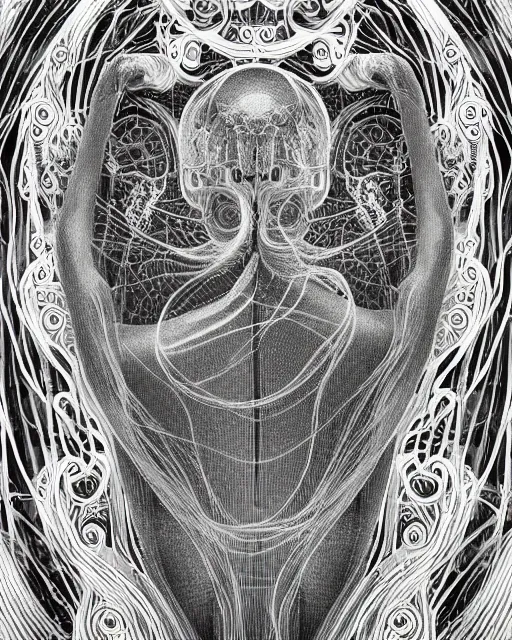 Prompt: mythical dreamy black and white organic bio - mechanical spinal ribbed profile face portrait detail of beautiful intricate monochrome angelic - human - queen - vegetal - cyborg, highly detailed, intricate translucent jellyfish ornate, poetic, translucent microchip ornate, photo - realisitc artistic lithography in the style of hg giger