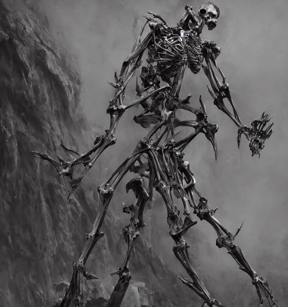 Prompt: closeup concept art of a medieval skeletal figure with skeletal features and long iron spikes, art by HR Giger and Phil Hale, sculpture by Hedi Xandt, dynamic composition, highly detailed, artstation, octane rendering, wayne barlowe, dimly lit in dense fog above lava fields,