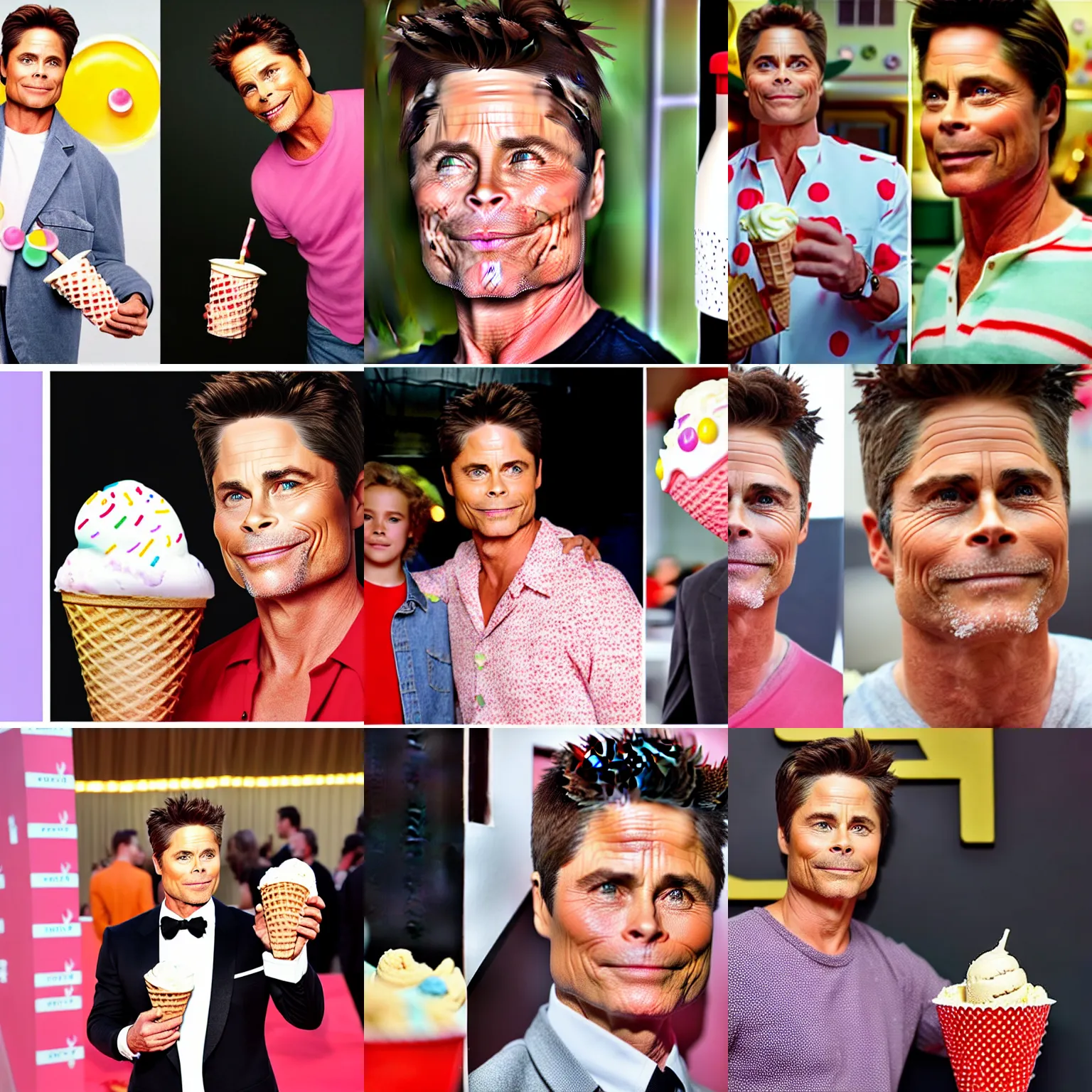 Prompt: rob lowe as ice cream, within cone, sprinkles on top