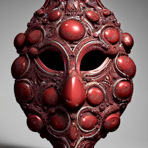 Image similar to an elaborate intricate mask made of water on an red wine jasper slab, rendered in octane, behance hd, bokeh jasper backdrop