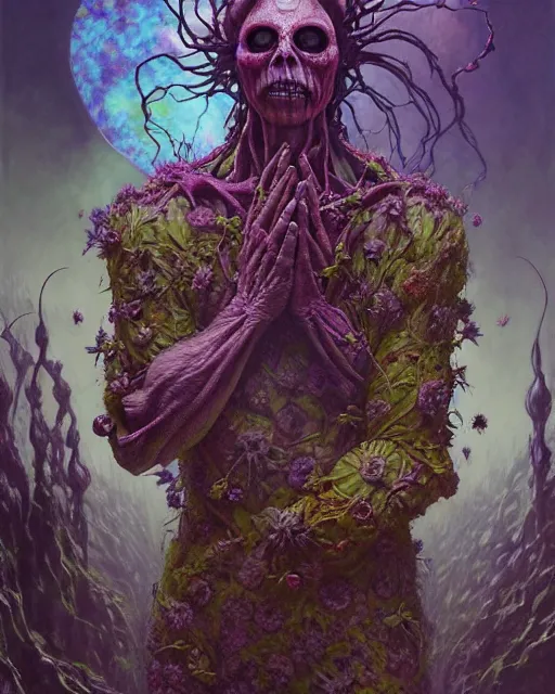 Image similar to the platonic ideal of flowers, rotting, insects and praying of cletus kasady carnage thanos davinci dementor chtulu mandala ponyo dinotopia the witcher, fantasy, ego death, decay, dmt, psilocybin, concept art by randy vargas and greg rutkowski and zdzisław beksinski