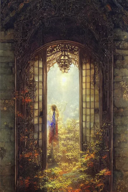 Image similar to large rustic intricately decorated wooden double door, metal handles, a view to a fantasy world, ethereal back light, mist, coherent composition, fantasy painting by noriyoshi ohrai, yuumei