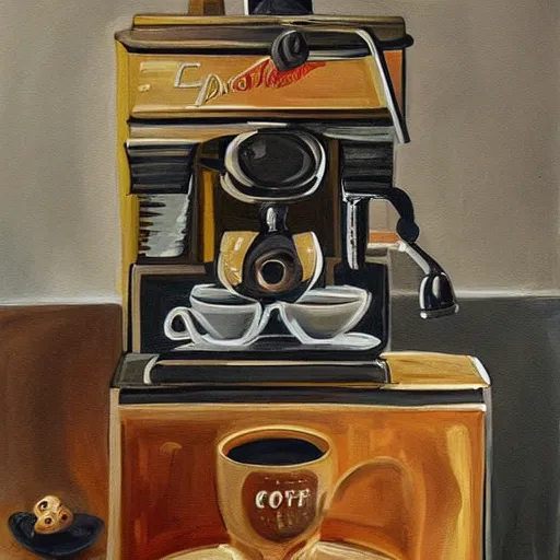 Image similar to a painting of haunted espresso machine that makes coffee from human souls