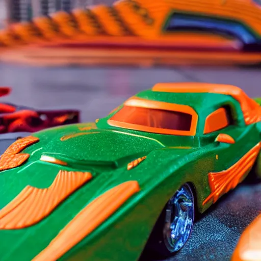 Image similar to 3 5 mm photo of metallic green and orange aquaman car like hot wheels model with a atlantis as background, epic cinematic, epic lighting