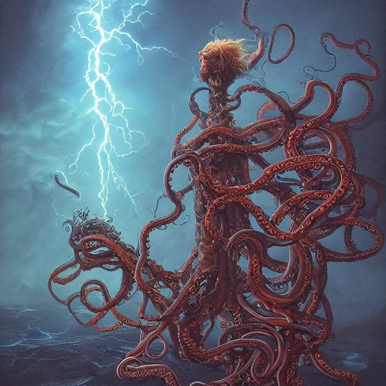 Image similar to An amorphic being with tentacles of liquid reflective copper and neon emerges from the dark surreal ether, mist amidst lightning, high contrast lighting, backlit, blacklight by Michael Whelan and Ed Binkley