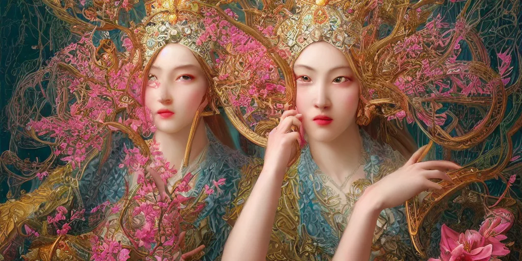 Image similar to breathtaking detailed concept art painting of the goddess of flamingo, orthodox saint, with anxious, piercing eyes, ornate background, amalgamation of leaves and flowers, by Hsiao-Ron Cheng and John James Audubon, extremely moody lighting, 8K