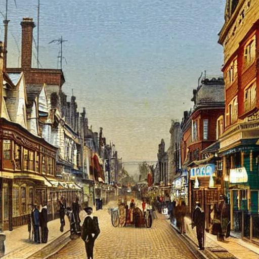 Prompt: Photograph of a busy victorian street in a town. Detailed, well lit. Colour.