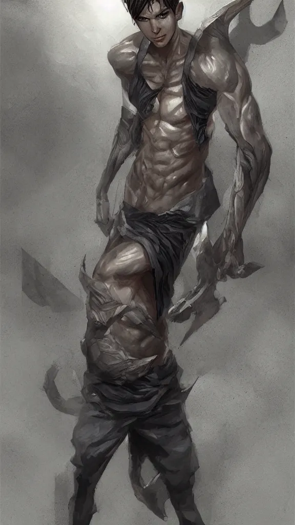 Image similar to a cute calm handsome young adult male muscular slim blu skin elf with grey light tight clothes concept art in the style of lee bermejo and greg rutkowski