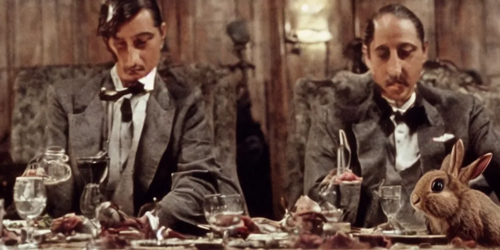 Prompt: a rabbit in the movie godfather, screenshot