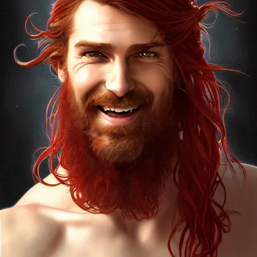 Prompt: portrait of a young ruggedly handsome but joyful pirate, male, masculine, upper body, red crimson hair, very long flowing hair, fantasy, joyful smirk, intricate, elegant, highly detailed, digital painting, artstation, concept art, matte, sharp focus, illustration, art by artgerm and greg rutkowski and alphonse mucha