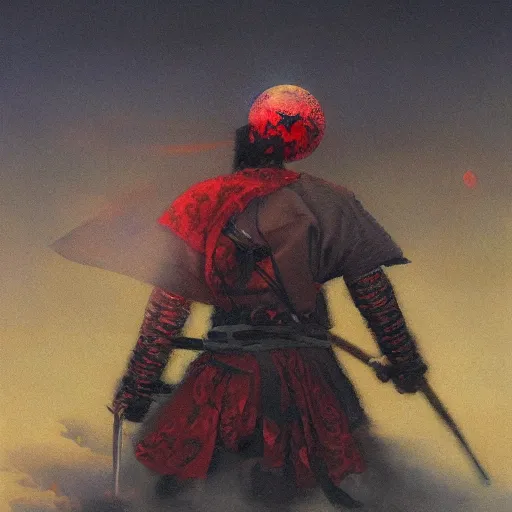 Prompt: Samurai and the blood moon, oil painting by James Gurney, ethereal fantasy hyperdetailed mist Thomas Kinkad