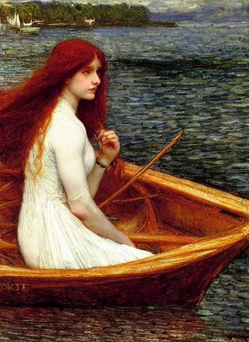 Image similar to lady of shallot in a boat by john william waterhouse, rosetti, monet, william holman hunt, 8 k