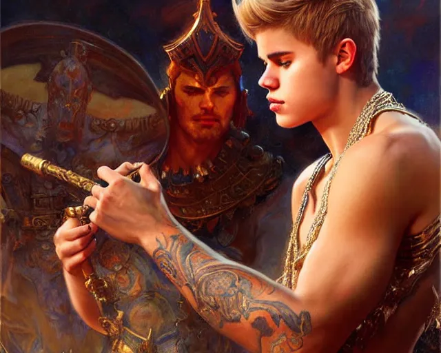 Image similar to attractive justin bieber as a god. highly detailed painting by gaston bussiere, craig mullins, j. c. leyendecker 8 k