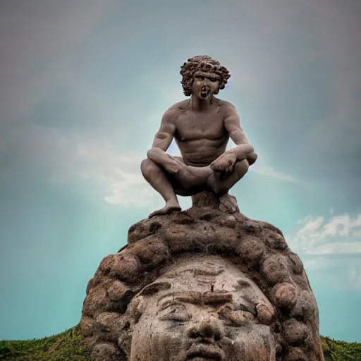 Prompt: a realistic high definition photograph of an ancient statue in the form of a man sitting on the toilet. swirling mist and soft clouds in a natural setting. vibrant saturated realistic 8 k high definition volumetric lighting and dynamic mystical composition.