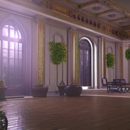 Prompt: vaporwave mansion, liminal space, high detail, rendered in unreal engine, 3d render, god rays, volumetric lighting, large windows, baroque, rococo, vegetation