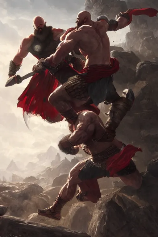 a concept art of kratos from god of war fighting thor, Stable Diffusion