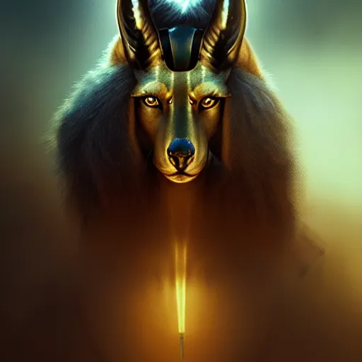 Image similar to Majestic gracious Anubis female warrior portrait, atmospheric lighting, painted, intricate, volumetric lighting, beautiful, rich deep colours masterpiece, golden hour, sharp focus, ultra detailed, by Leesha Hannigan, Ross Tran, Thierry Doizon, Kai Carpenter, Ignacio Fernández Ríos