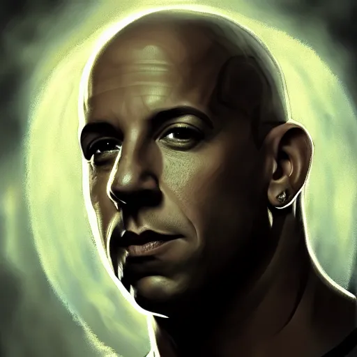 Image similar to Portrait of Vin Diesel as a angel with a halo above the head, digital art, trending on artstation, detalied,