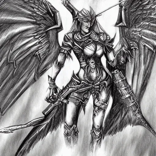 Image similar to “winged, red haired woman, gargoyle, flaming sword, full plate armor, fantasy drawing, concept art”