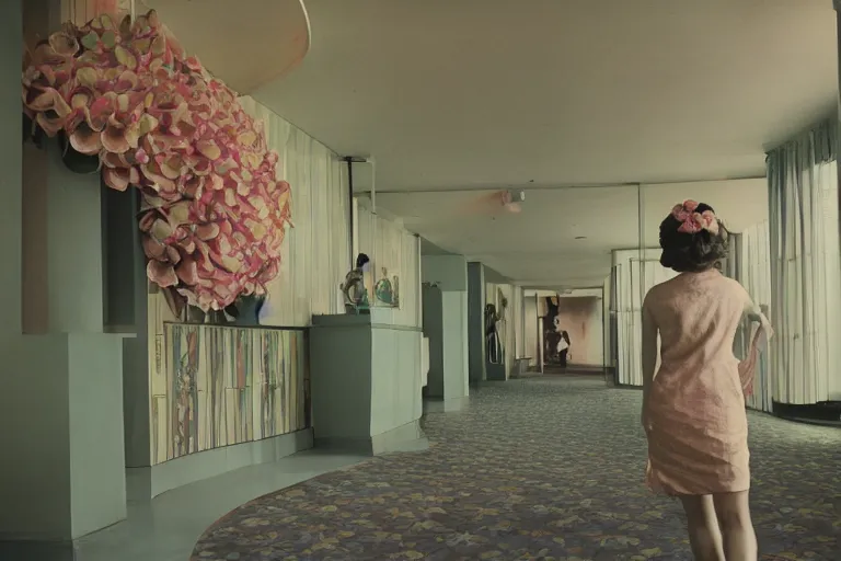 Prompt: giant flower head, girl walking in 1 9 6 0 s hotel, surreal, symmetry, mid century, fanciful, hue, detailed, wes anderson