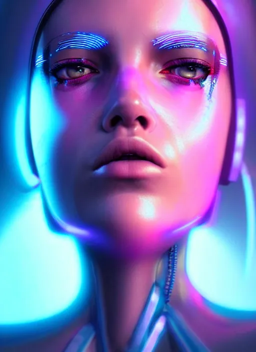 Image similar to photorealistic portrait of female humanoid, cyber neon lights, highly detailed, cyberpunk fashion, elegant, crispy quality, trending in artstation, trending in pinterest, glamor pose, no signature, no watermark, cinematic, art by pascal blanche