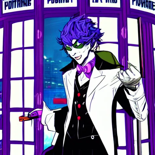 Prompt: Joker from Persona 5 standing in the TARDIS