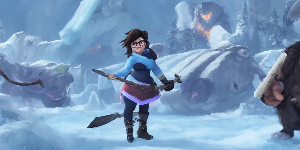 Prompt: matte painting of mei from overwatch holding an axe and fighting with mammoths in ice age, trending on artstation